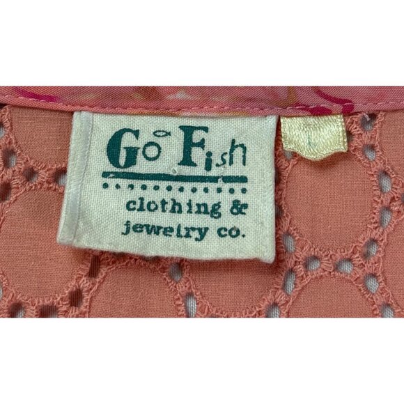 Go Fish Tunic Top Size L 2 Pockets Abstract Pink Eyelet Back Rayon Hand Made - Picture 7 of 8